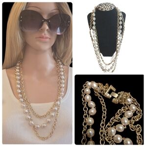 Vintage Style Multi-Strand Pearl & Gold Chunky Chain Necklace Excellent Vtg